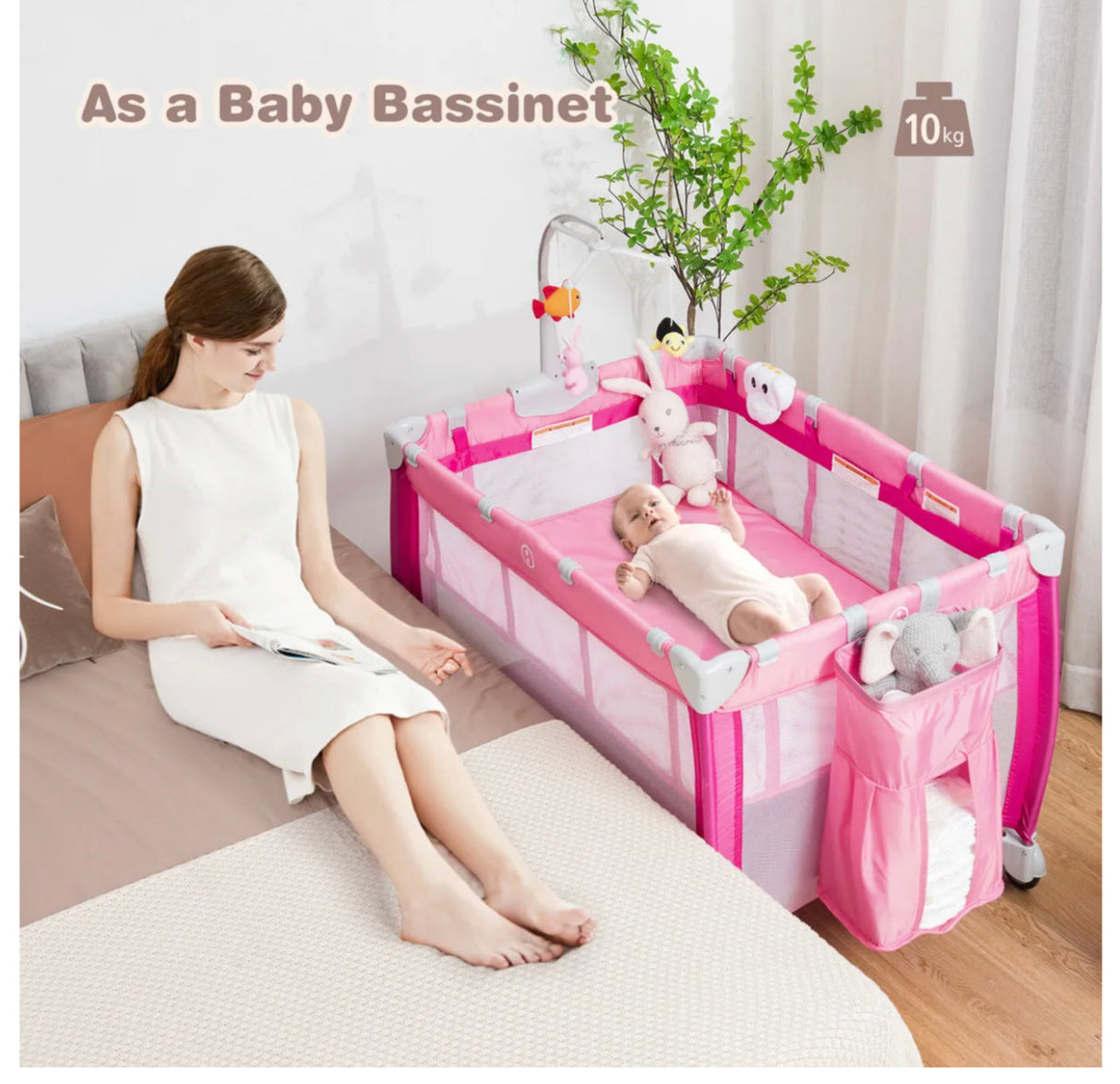 Baby Travel Cot Bassinet 3-in-1 Portable Infant Crib Playpen w/ Mattress Pink