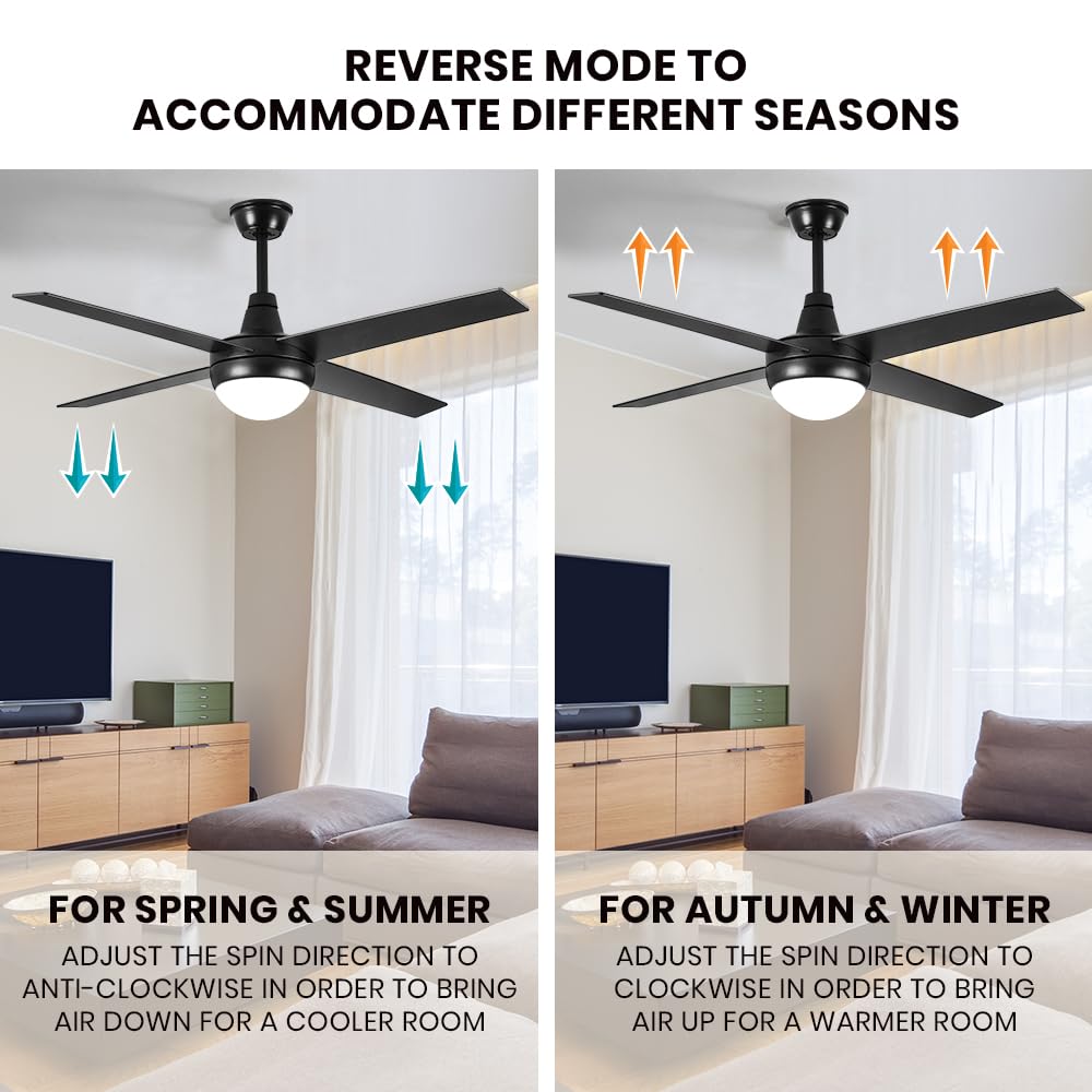 52" Ceiling Fan with Light Remote Control, Wood Ceiling Fans with 4 Blades, 6 Speed DC Motor, Indoor Outdoor Ceiling Fan for Patio, Bedroom, Living Room, Office, Black