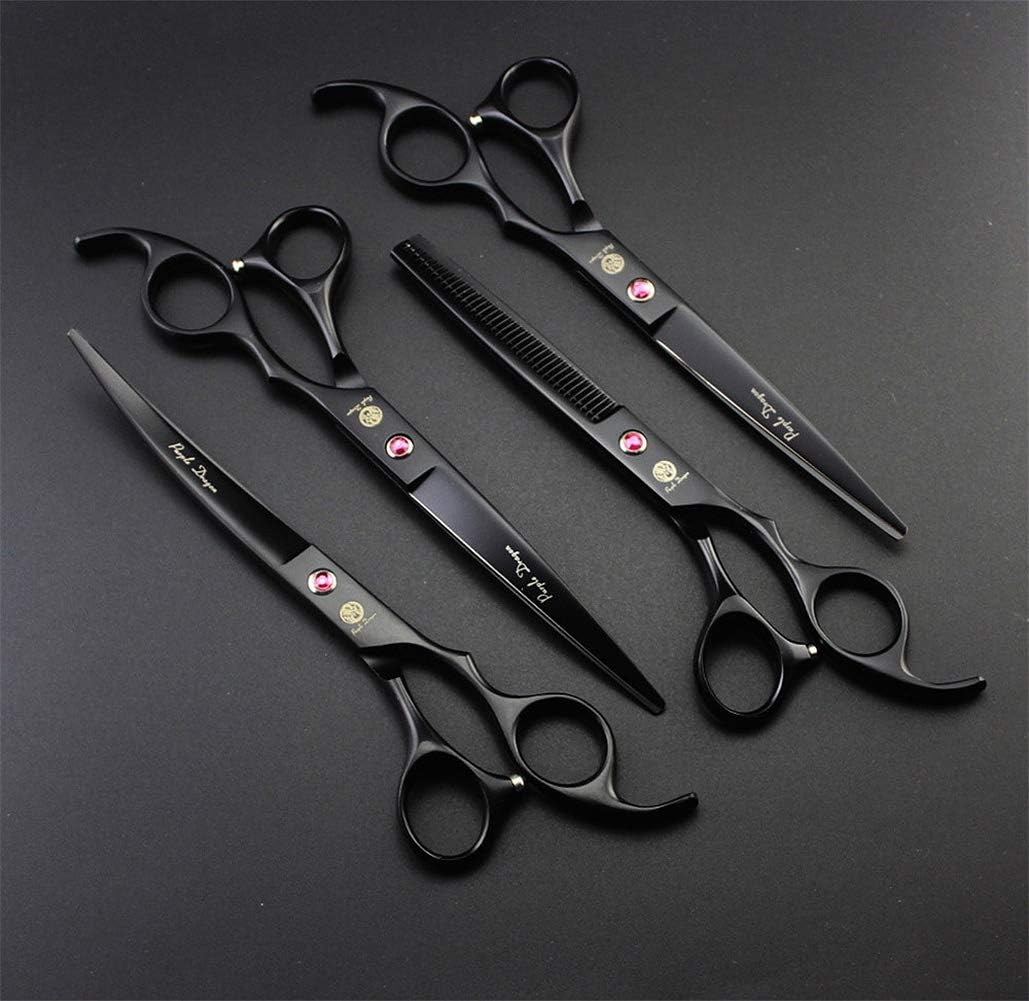 Professional 7.0 inch 4PCS Pet Grooming Scissors Kit Japan Premium Steel Straight & Curved & Thinning Blade Dog Hair Cutting Shears Set with Case (Matte Black)