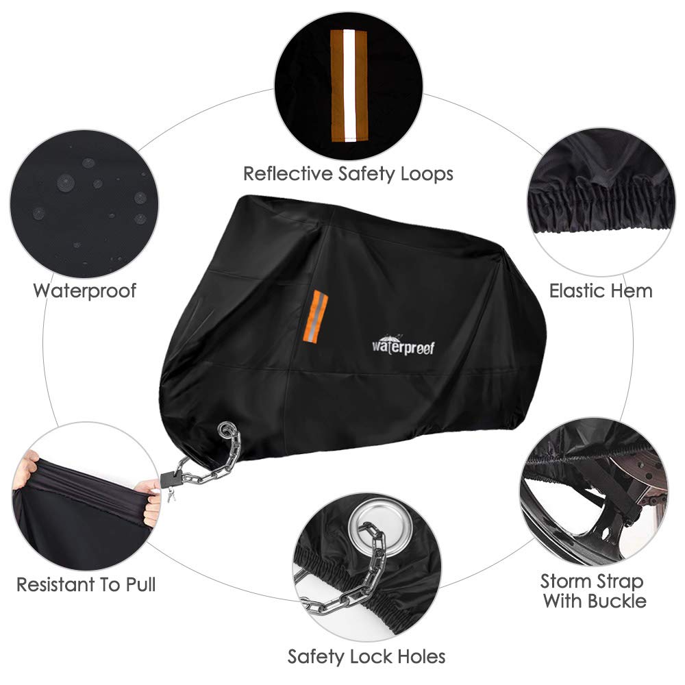 Motorcycle Cover, Waterproof Durable Tear Resistant Motorbike Scooter Mopeds Cover All Season Protection from Snow Dust UV with Large Locking Hole Storage Bag for Honda, Yamaha, Suzuki, Harley