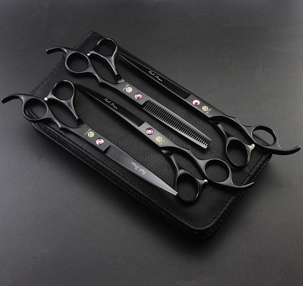 Professional 7.0 inch 4PCS Pet Grooming Scissors Kit Japan Premium Steel Straight & Curved & Thinning Blade Dog Hair Cutting Shears Set with Case (Matte Black)