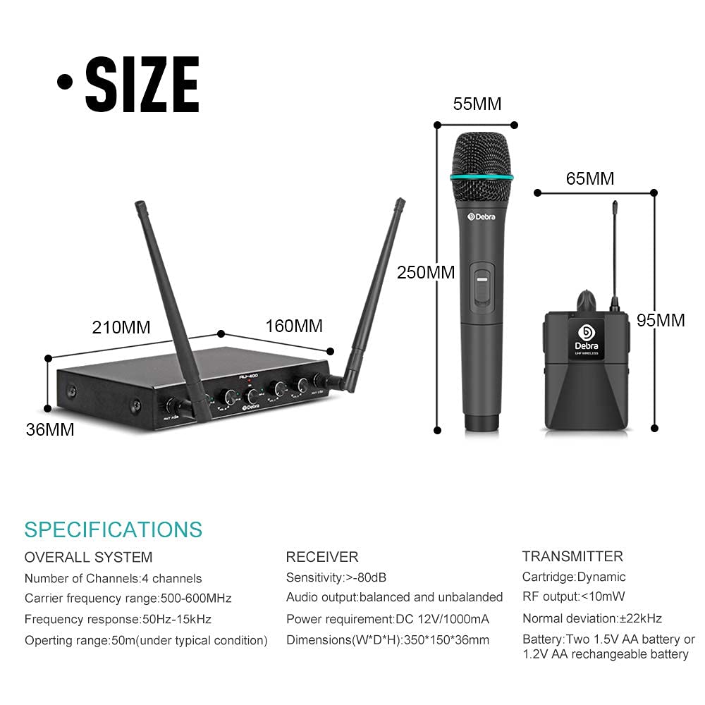 Debra Audio Pro UHF 4 Channel Wireless Microphone System With Cordless Handheld Lavalier Headset Mics, Metal Receiver, Ideal For Karaoke Church Party (With 4 Handheld (A frequency))