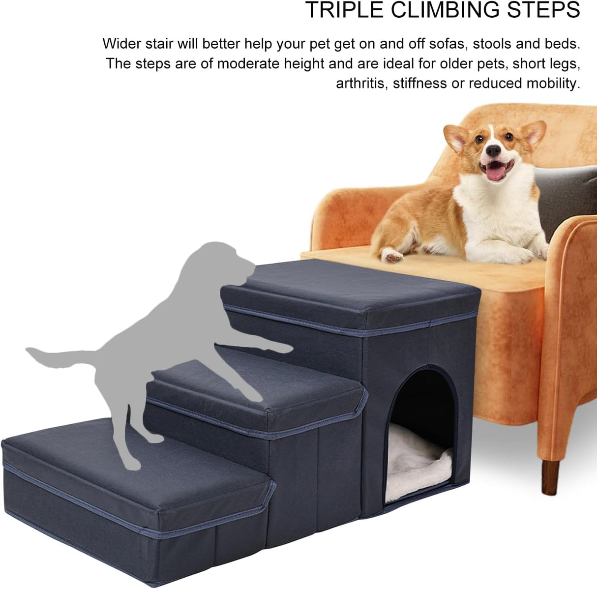 Dog Stairs with Pet Bed,Foldable 3 Step Dog Stairs with Storage Boxes,Dog Stairs for High Beds,Pet Ramp Pet Ladder for Dogs Cats,3 in 1 Pet Safety Ladder,Dog Cat House