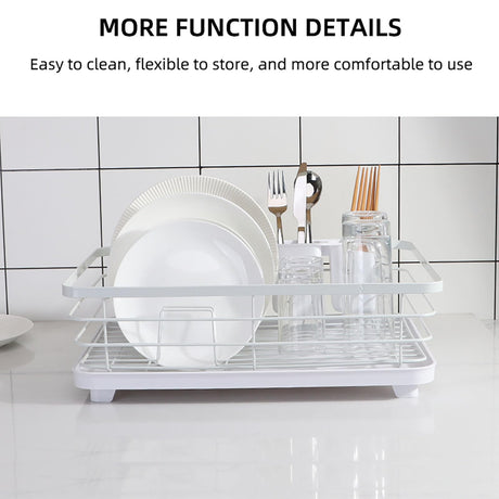 QYINXIU Dish Drying Rack, 2 Tier Dish Drying Rack Set, Dish Rack, 360 Degree Rotating Drainer, Rustproof Cutlery Rack for Kitchen Countertop with Draining Board, Cup Holder, Cutlery Rack-White