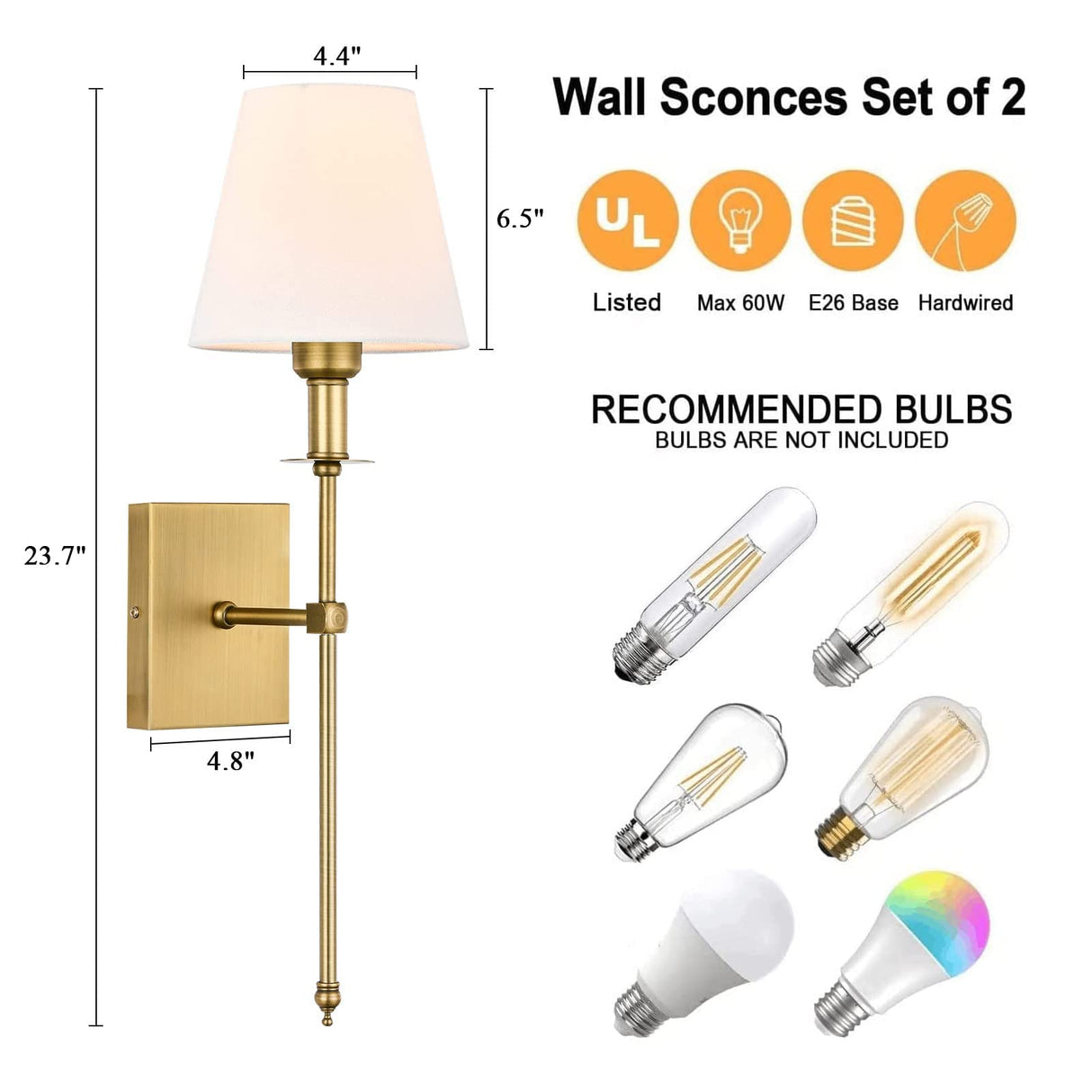 Classic Rustic Industrial Wall Sconce Lighting Fixture with Flared White Textile Lamp Shade and Antique Brass Tapered Column Stand (2 Pcs)