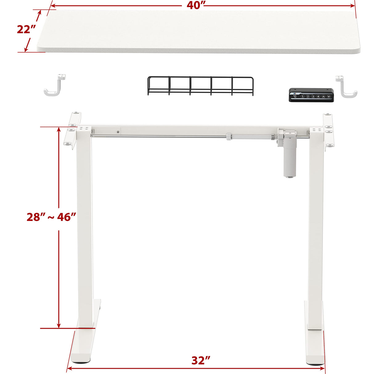 Small Electric Height Adjustable Sit Stand Desk with Hanging Hooks and Cable Management, 40 x 22 Inches, White Frame and White Top