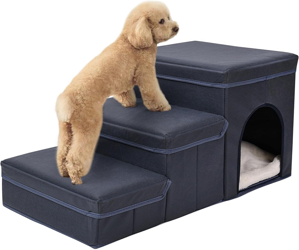 Dog Stairs with Pet Bed,Foldable 3 Step Dog Stairs with Storage Boxes,Dog Stairs for High Beds,Pet Ramp Pet Ladder for Dogs Cats,3 in 1 Pet Safety Ladder,Dog Cat House