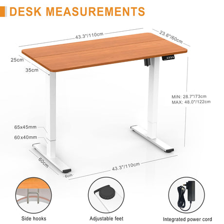 Electric Height Adjustable Standing Desk 110x60cm (43.3"x23.6"), Sit Stand Desk with Splicing Top for Home Office (White Frame + Cherry Desktop)