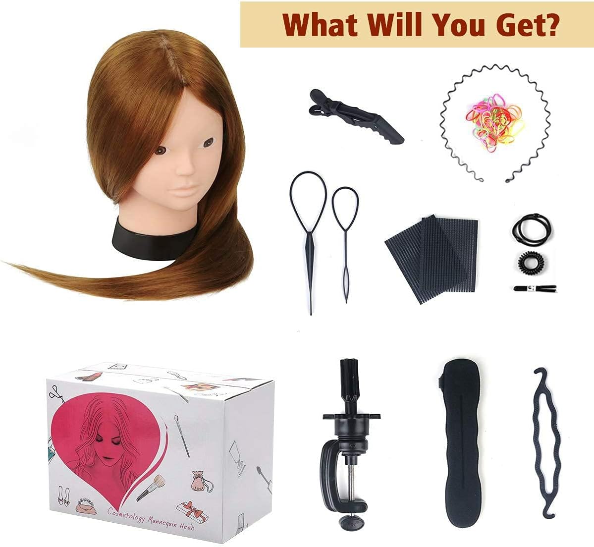 Beauty Star-Mannequin Head with 80% Real Human Hair, Mannequin Head with hair, Manikin Doll Head for Hair Styling with Table Clamp Holder + DIY Hair Styling Braid Set, Cosmetology Makeup Hairdressing Training Head ( Long 23.5inch, Light Brown )