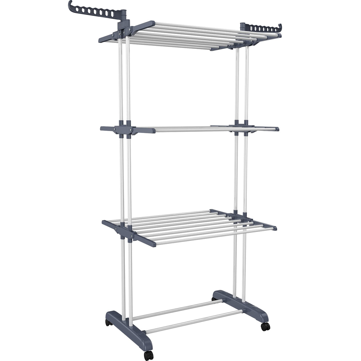 Clothes Drying Rack, Oversized 4-Tier(67.7" High) Foldable Stainless Steel Drying Rack Clothing, Movable Drying Rack with 4 castors, 24 Drying Poles & 14 Hooks for Bed Linen, Clothing, Grey