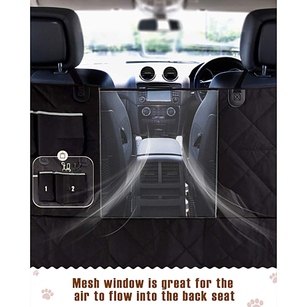 Dog Car Seat Cover, Free 2X Dog Car Seat Belt, Mesh Visual Window and Seat Belt Opening, Waterproof, Storage Pockets, 147cm x 137cm Hammock Convertible, SUV, Truck, Travel with Pet