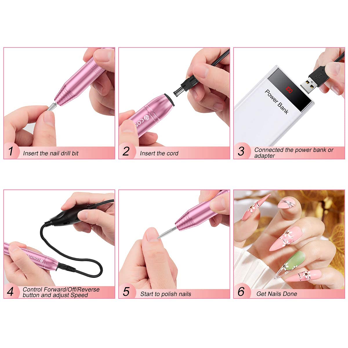 Electric Nail Drill, USB Electric Nail Drill Machine for Acrylic Nails, Portable Electrical Nail File Polishing Tool Manicure Pedicure Efile Nail Supplies for Home and Salon Use, Pink