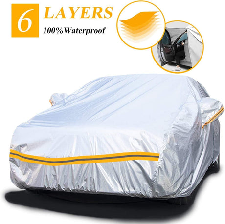 Car Cover Waterproof all Weather, 6-Layers Car Covers for Automobiles Snowproof Sunproof Dustproof Windproof Hail Protection Outdoor, Full Exterior Covers with Cotton, Universal Fit