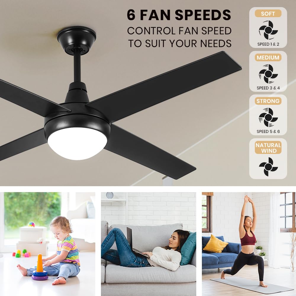 52" Ceiling Fan with Light Remote Control, Wood Ceiling Fans with 4 Blades, 6 Speed DC Motor, Indoor Outdoor Ceiling Fan for Patio, Bedroom, Living Room, Office, Black