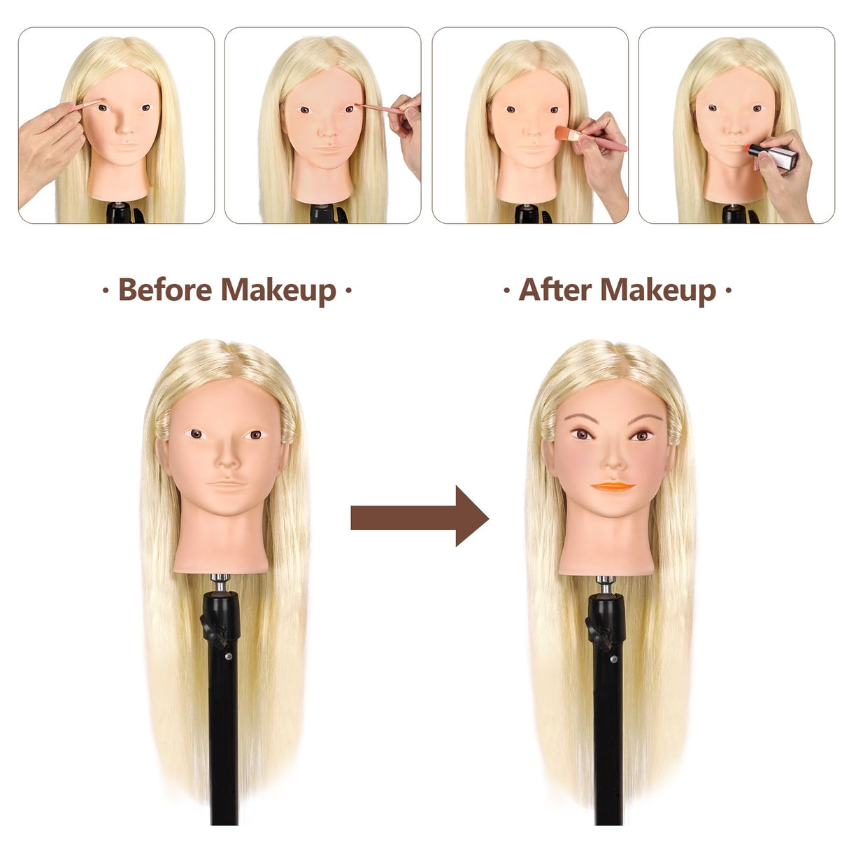 26'' Mannequin Head with Hair, 80% Real Human Hair Hairdresser Practice Training Head Cosmetology Mannequin Manikin Doll Head with Table Clamp Holder + DIY Hair Styling Braid Set (Blonde, No Makeup)