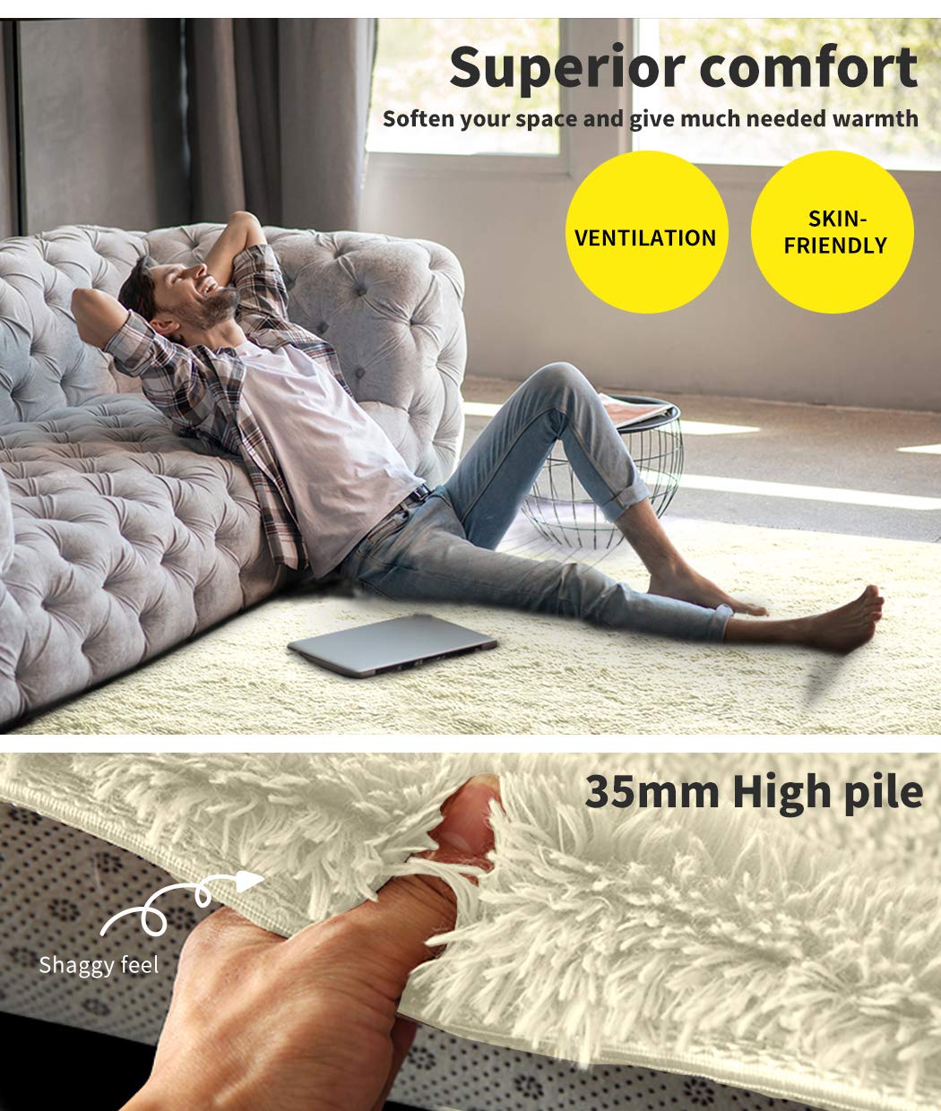 Marlow Floor Rug Shaggy Rugs Soft Large Carpet Area Bedroom Cream 230cm x 160cm