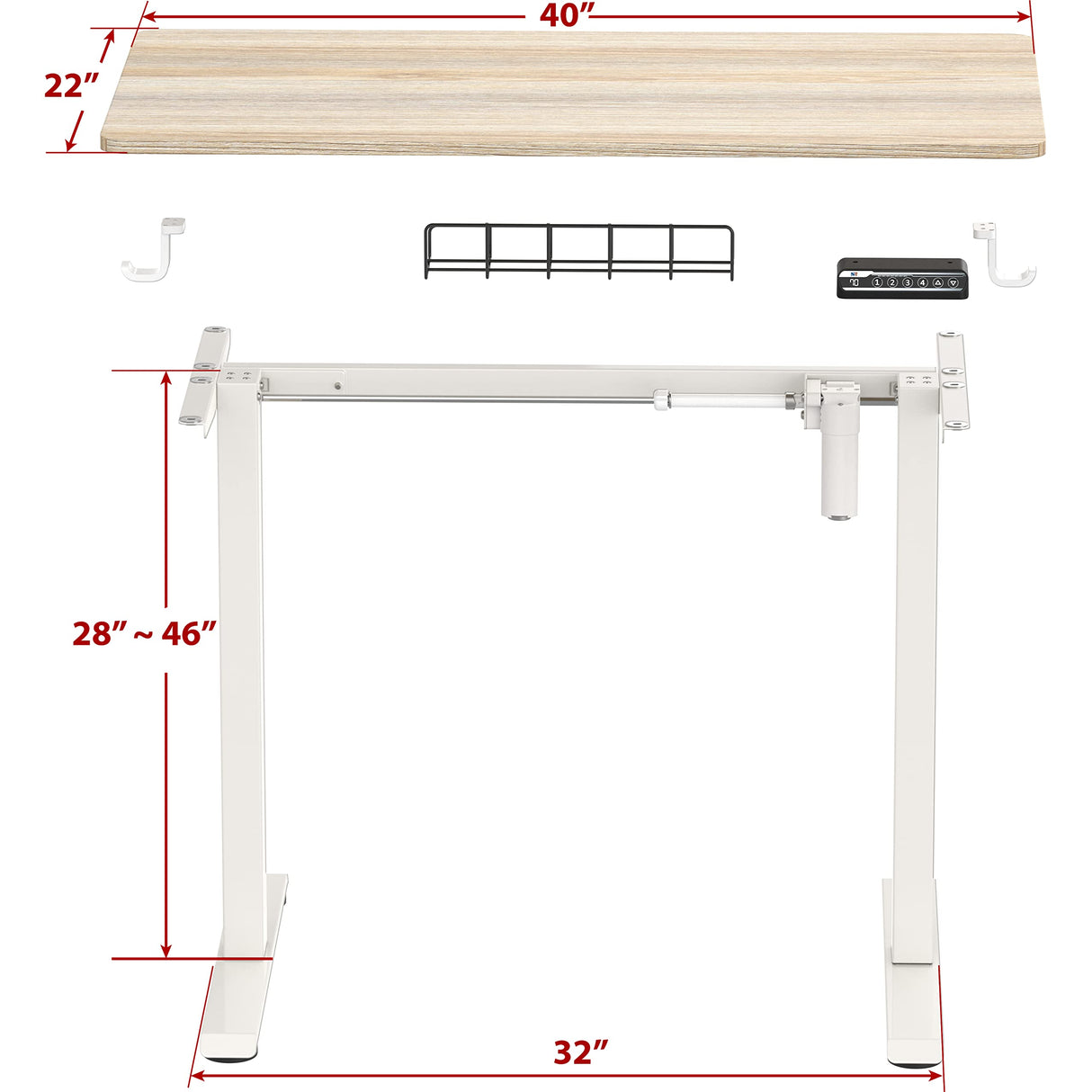 Small Electric Height Adjustable Sit Stand Desk with Hanging Hooks and Cable Management, 40 x 22 Inches, White Frame and Maple Top