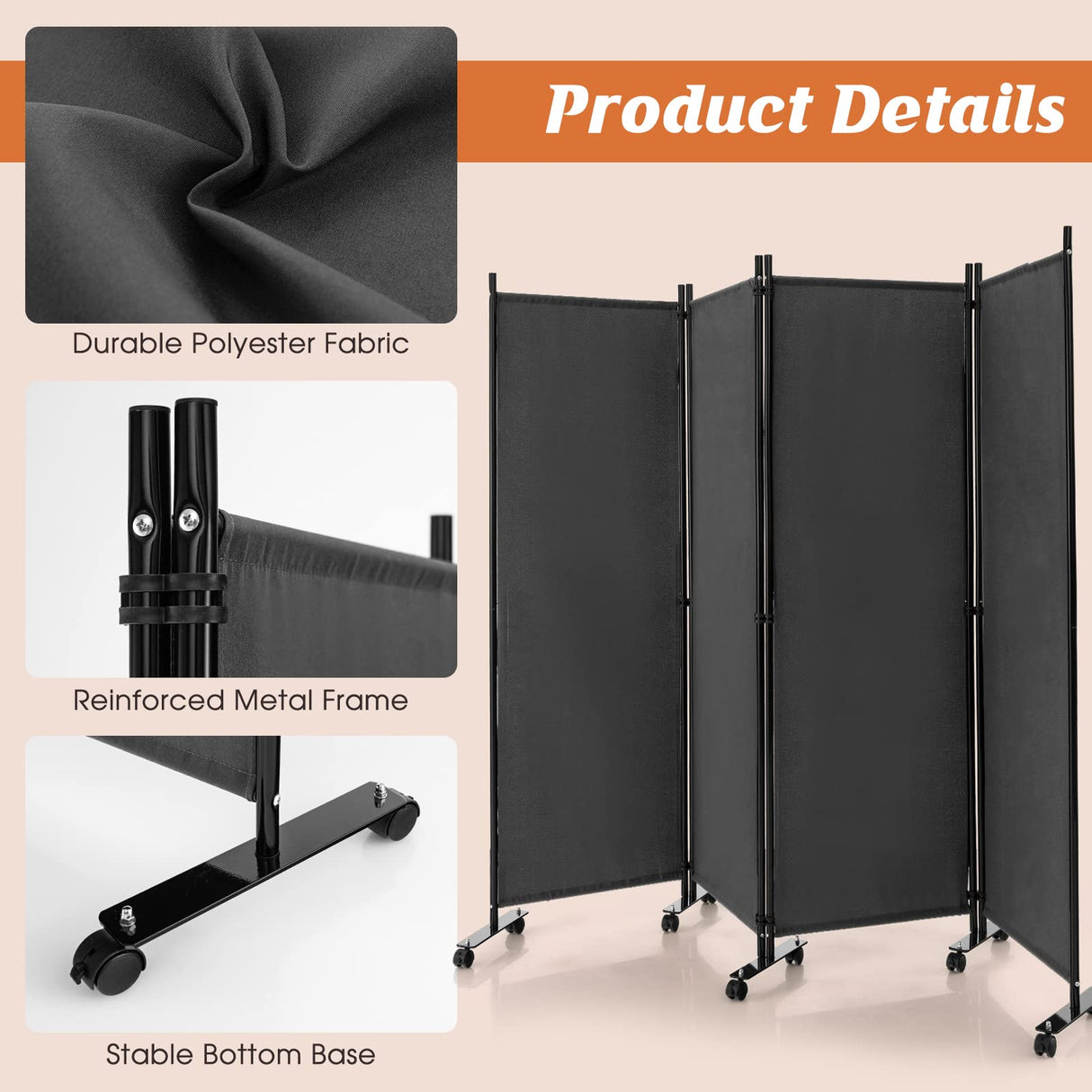 4-Panel Folding Room Divider, 1.73m Rolling Privacy Screen with Lockable Wheels, Portable Wall Divider and Separator, Freestanding Privacy Protection for Living Room, Bedroom, Office