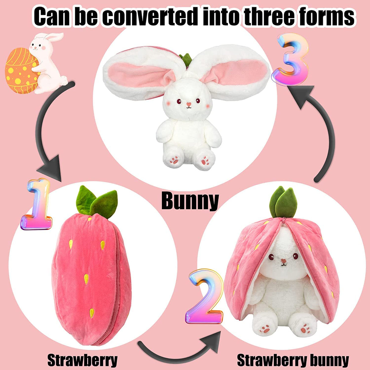 Bunny Stuffed Animal Reversible Cuddle Bunny Stuffed,Strawberry Bunny Transformed Rabbit Plush Zipper,Carrot That Turns Into Ears Bunnies Plushies Toy Cute Stuffy Doll Easter Girlfriend Gift