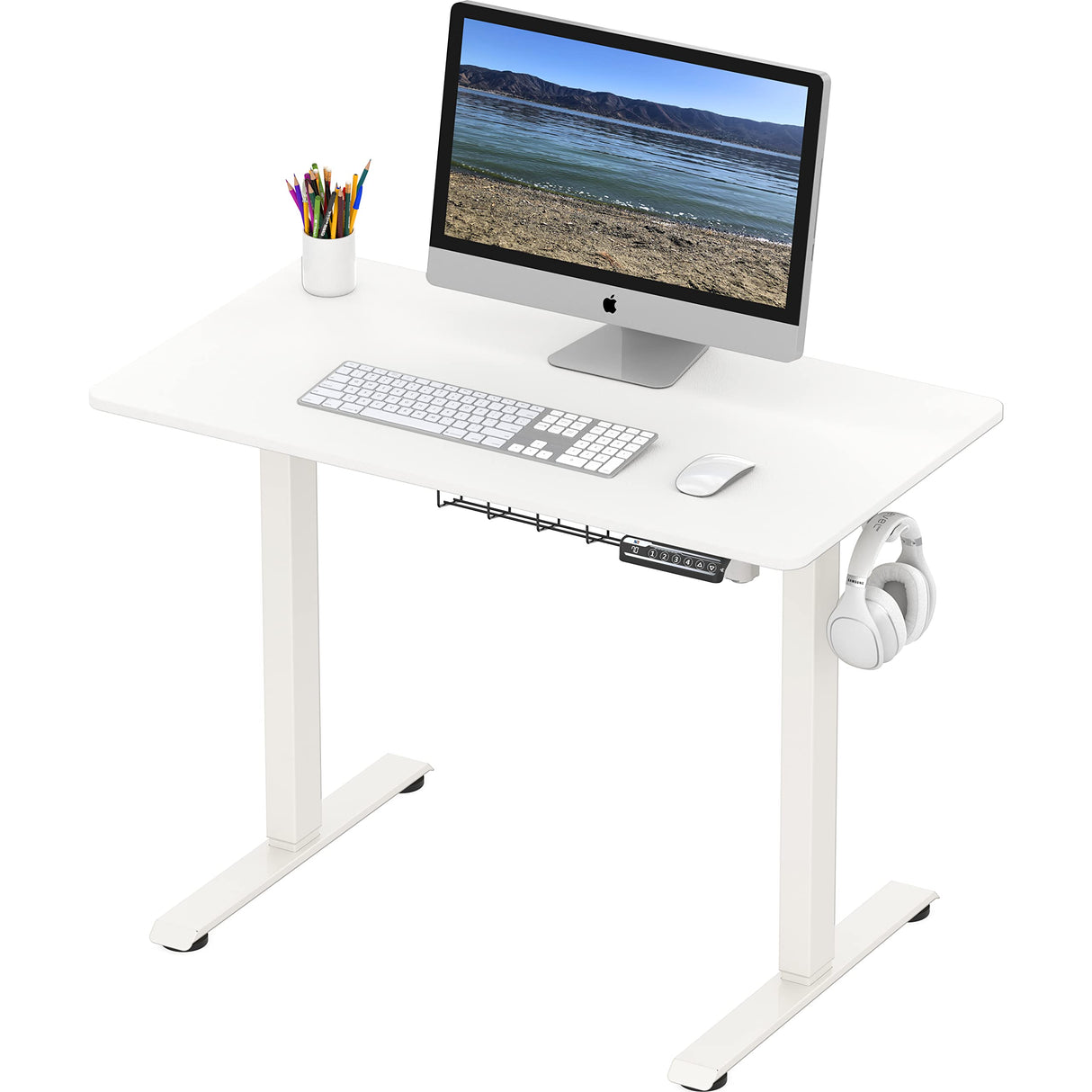 Small Electric Height Adjustable Sit Stand Desk with Hanging Hooks and Cable Management, 40 x 22 Inches, White Frame and White Top