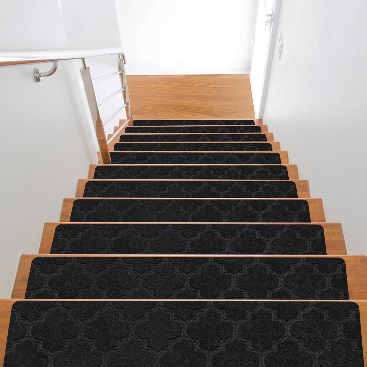 Non-Slip,15-Pack(30"*8"), Stair Runner Rug for Wooden Steps Indoor, Safe Soft Stair Carpet for Kids Elders, Dogs, Adhesive adsorption Increased Friction Grip (Black)