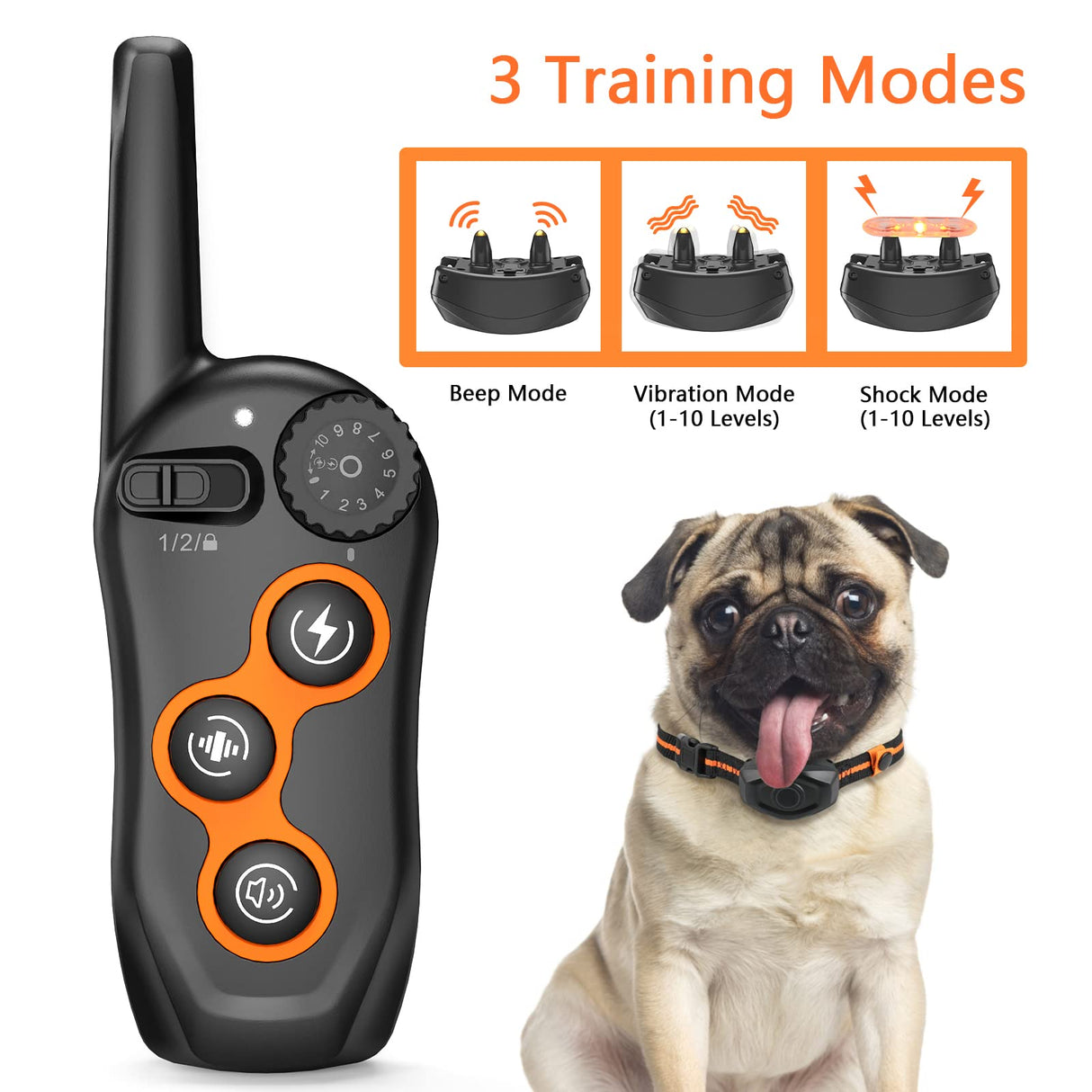 Dog Training Collar, IPX7 Waterproof Shock Collar with Remote Range 1300ft, 3 Training Modes, Beep, Shock, Vibration, Rechargeable Electric Shock Collar for Small Medium Large Dogs