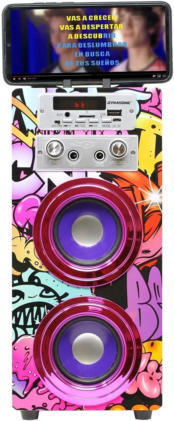 DYNASONIC - (3rd Gen) Portable Bluetooth Speaker with Karaoke Mode and Microphone, FM Radio and USB SD Reader (Model 12 and Lights USB)