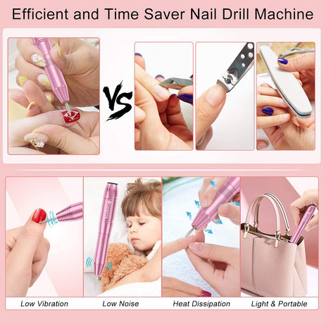 Electric Nail Drill, USB Electric Nail Drill Machine for Acrylic Nails, Portable Electrical Nail File Polishing Tool Manicure Pedicure Efile Nail Supplies for Home and Salon Use, Pink