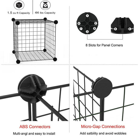 16pcs Metal Wire Storage Cubes Organizer, DIY Small Animal Cage Rabbit, Guinea Pigs, Puppy | Pet Products Portable Metal Wire Yard Fence (Black, 16 Panels)