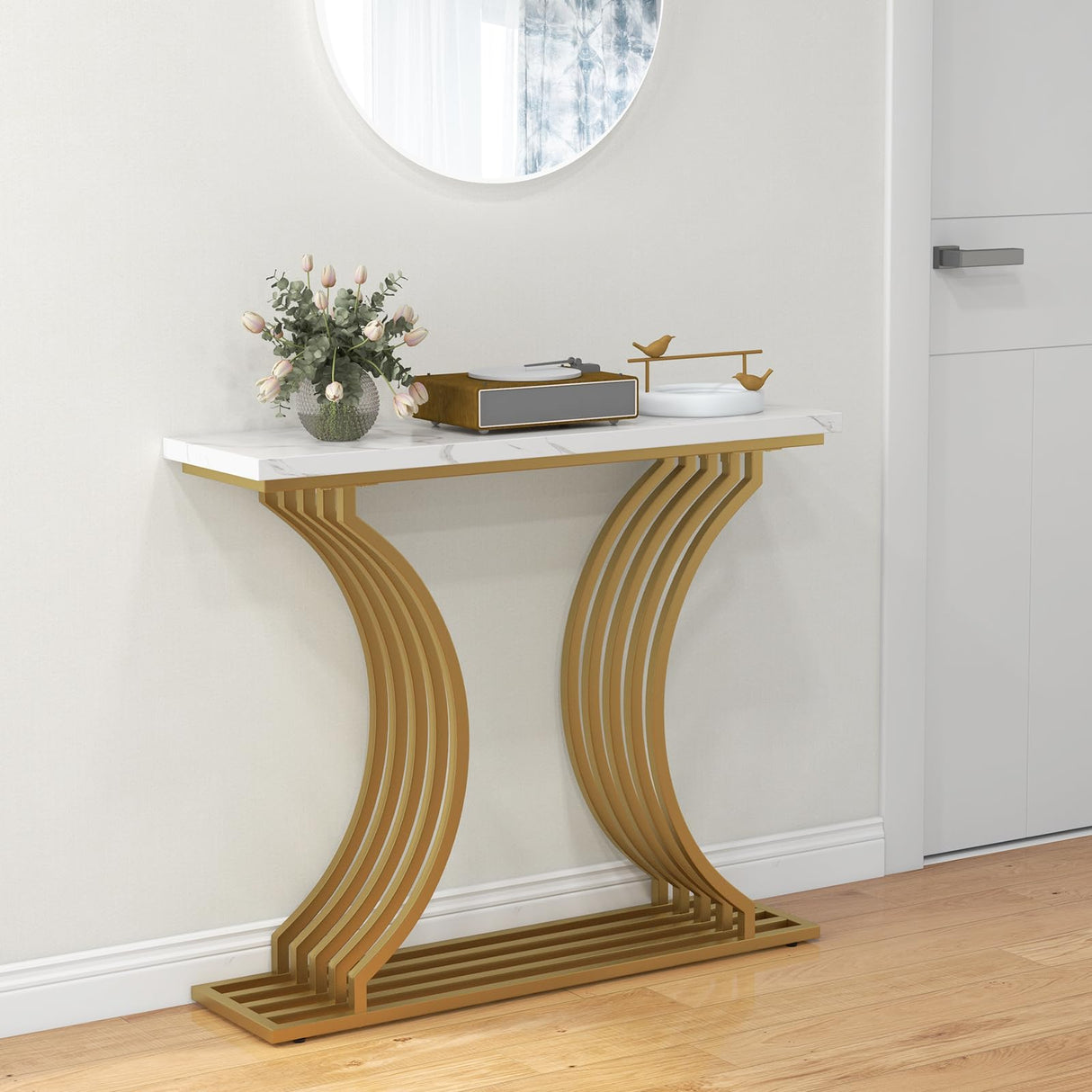 Gold Entryway Table, 100 cm Modern Console Table with White Faux Marble Tabletop, Narrow Sofa Table with Geometric Metal Legs for Living Room, Entrance, Foyer