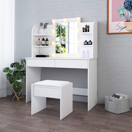 Luxsuite Dressing Table Stool Set with Led Light Makeup Vanity Table 2 Drawers Storage Shelves Mirror White