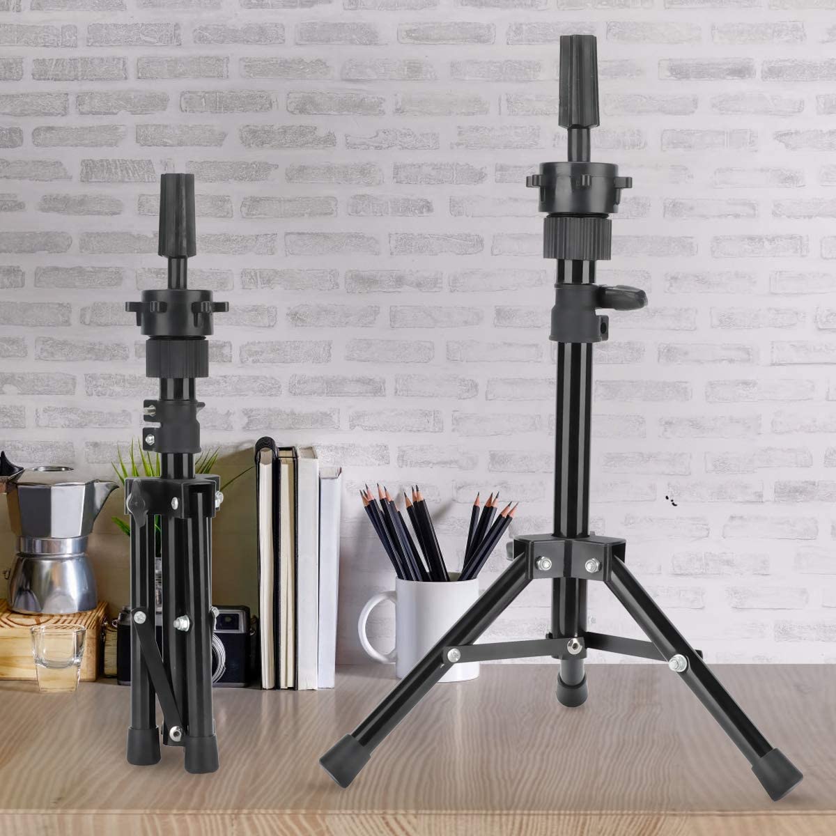 Mini Wig Stand Tripod with Head Adjustable Mannequin Head Stand Wig Head Stand Wig Tripod Stand for Cosmetology Hairdressing Training(25 Inch,Black)