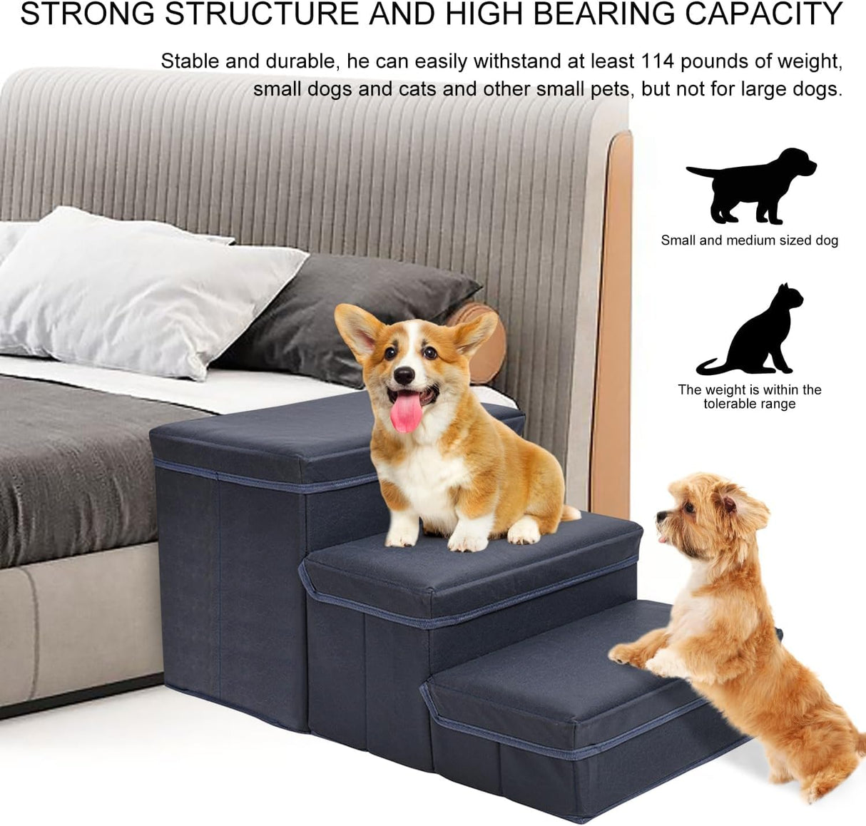 Dog Stairs with Pet Bed,Foldable 3 Step Dog Stairs with Storage Boxes,Dog Stairs for High Beds,Pet Ramp Pet Ladder for Dogs Cats,3 in 1 Pet Safety Ladder,Dog Cat House