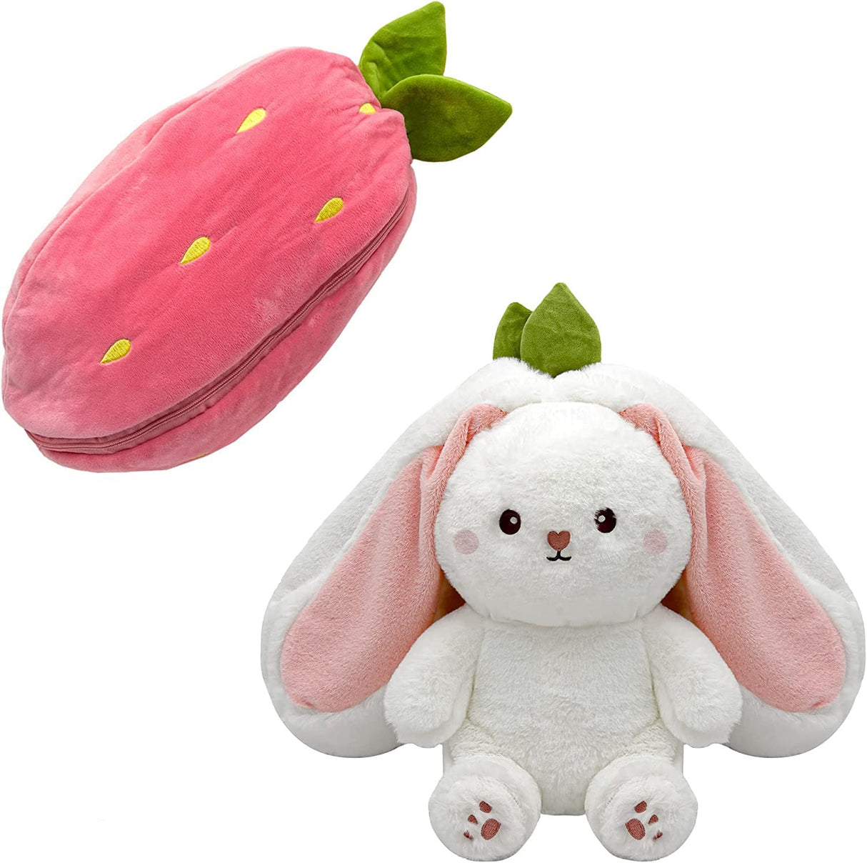 Bunny Stuffed Animal Reversible Cuddle Bunny Stuffed,Strawberry Bunny Transformed Rabbit Plush Zipper,Carrot That Turns Into Ears Bunnies Plushies Toy Cute Stuffy Doll Easter Girlfriend Gift