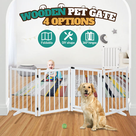 Wooden Pet Safety Gate Free Standing Walk Over Dog Gate,Retractable Puppy Playpen,Enclosure Security Fence for Dog Stair Doorway Barrier with Door Indoor,236CM Extra Width 80CM Tall,White