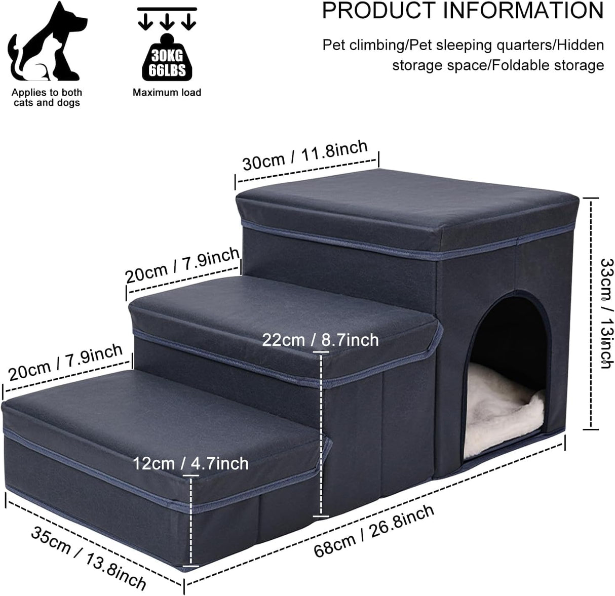 Dog Stairs with Pet Bed,Foldable 3 Step Dog Stairs with Storage Boxes,Dog Stairs for High Beds,Pet Ramp Pet Ladder for Dogs Cats,3 in 1 Pet Safety Ladder,Dog Cat House