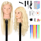 26'' Mannequin Head with Hair, 80% Real Human Hair Hairdresser Practice Training Head Cosmetology Mannequin Manikin Doll Head with Table Clamp Holder + DIY Hair Styling Braid Set (Blonde, No Makeup)