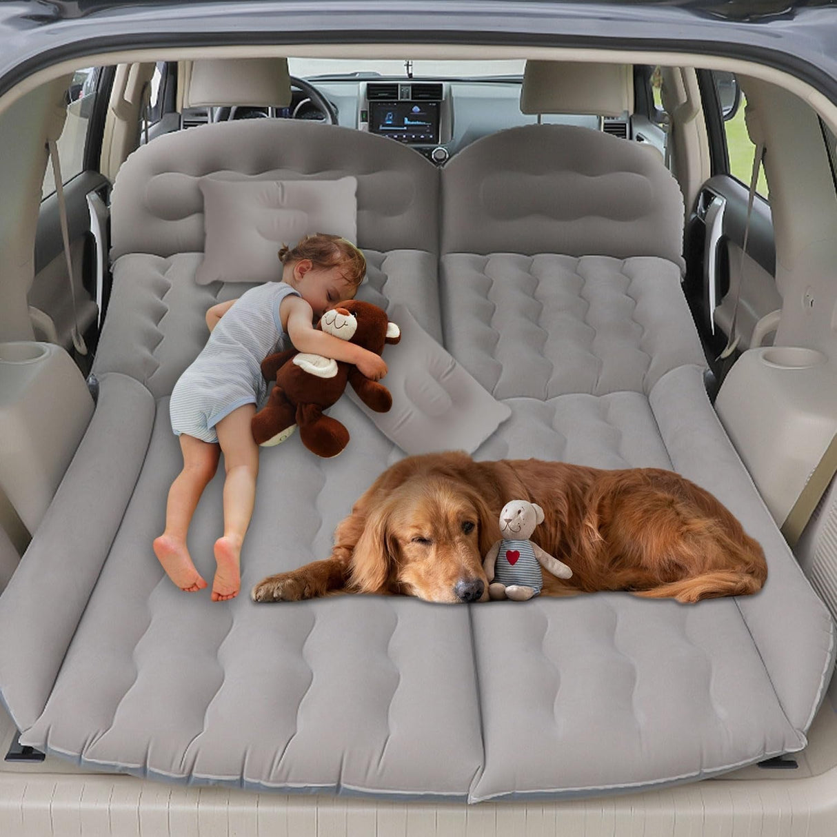 Inflatable Car Air Mattress for SUV Air Mattress Bed Double-Sided Flocking Thickened Car Inflatable Bed with Electric Air Pump 2 Pillows Side File Car Camping Essentials Outdoor Use Car Mattress, Grey