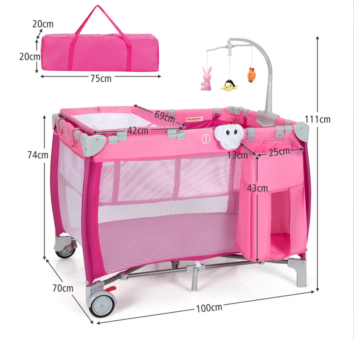 Baby Travel Cot Bassinet 3-in-1 Portable Infant Crib Playpen w/ Mattress Pink