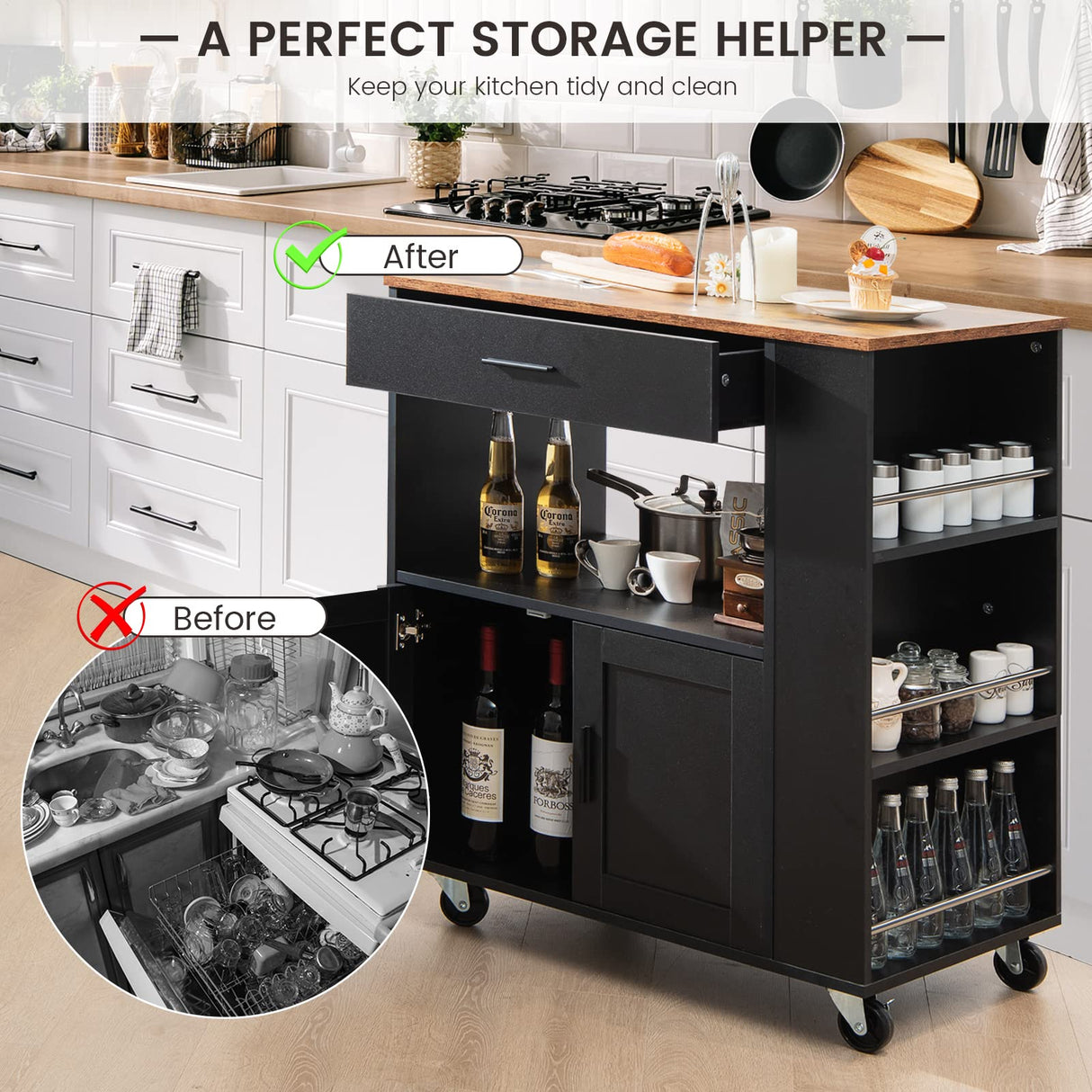 Kitchen Island Trolley, Rolling Kitchen Serving Trolley w/ 3 Spice Racks, Drawer, Open Shelf & Large Cabinet, Portable Workbench Utility Storage Cart w/Towel Rack & 2 Lockable Casters, Black