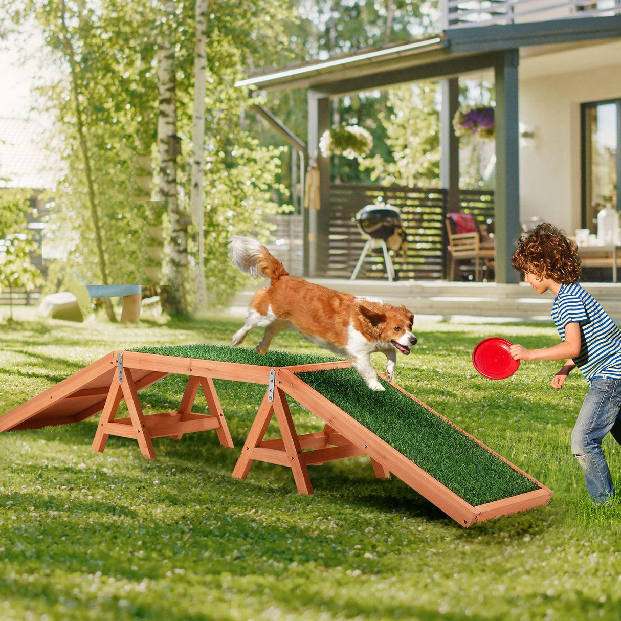 Pet Scene Wooden Pet Ramp Dog Agility Equipment Outdoor Puppy Obedience Training Sports Obstacle Exercise Outdoor Play Artificial Grass