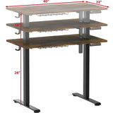 Small Electric Height Adjustable Sit Stand Desk with Hanging Hooks and Cable Management, 40 x 22 Inches, Black Frame and Rustic Brown Top