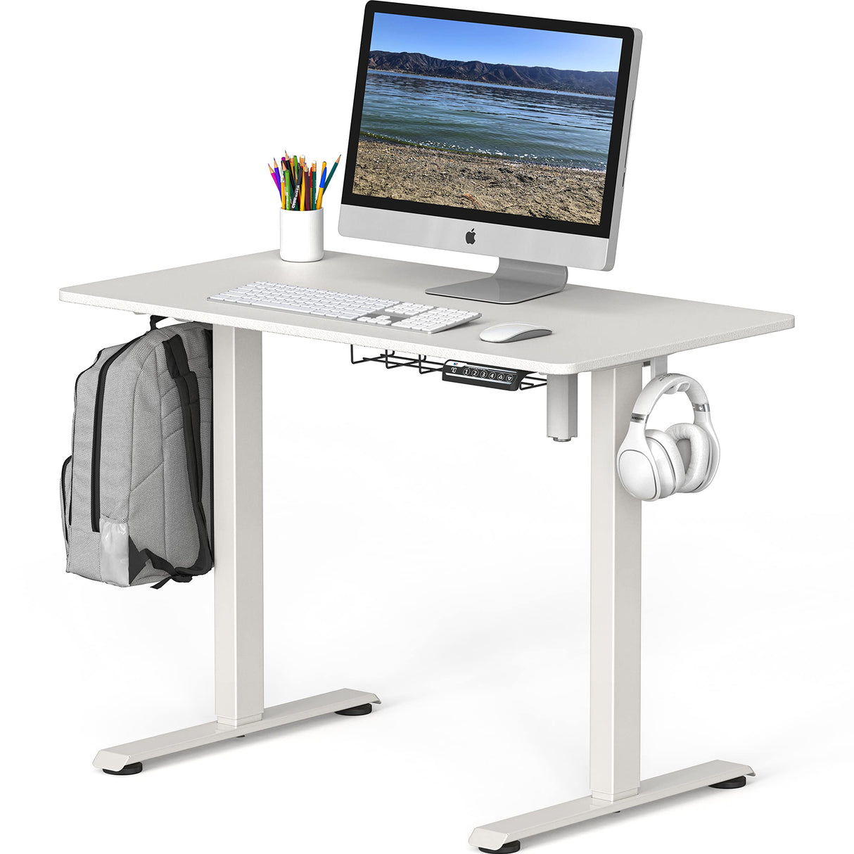 Small Electric Height Adjustable Sit Stand Desk with Hanging Hooks and Cable Management, 40 x 22 Inches, White Frame and White Top