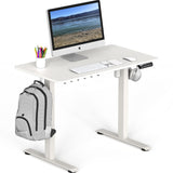 Small Electric Height Adjustable Sit Stand Desk with Hanging Hooks and Cable Management, 40 x 22 Inches, White Frame and White Top