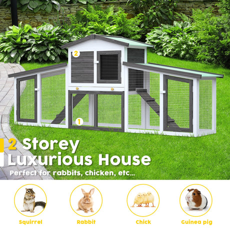 Rabbit Hutch Wooden Pet Cage Chicken Coop Large Bunny Hutch for Small Animals 204cm Grey