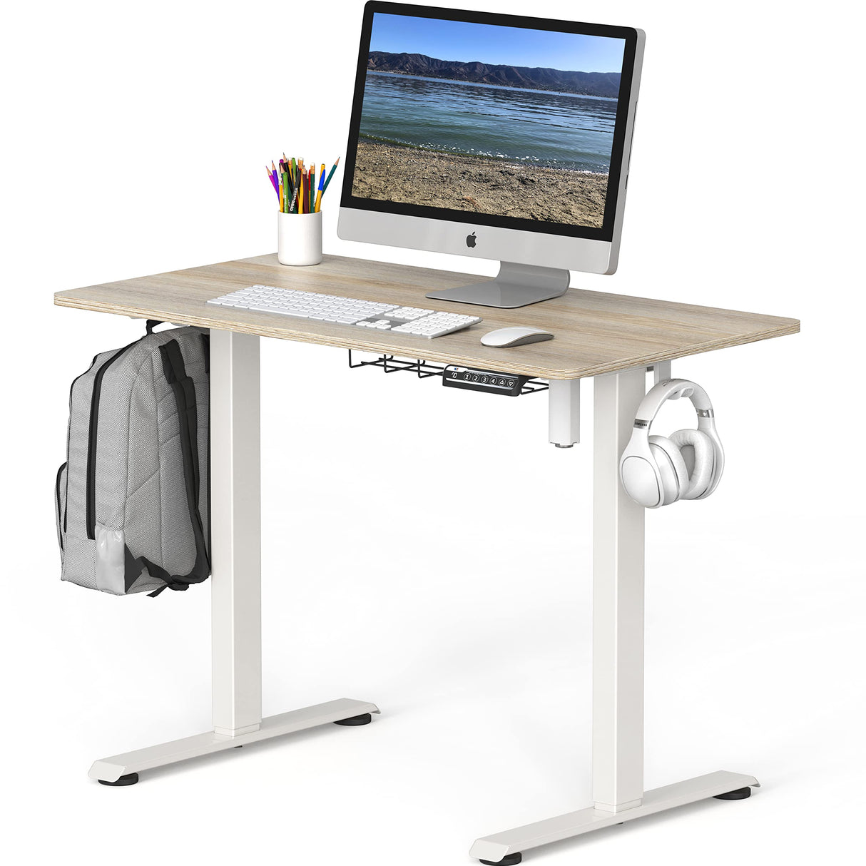 Small Electric Height Adjustable Sit Stand Desk with Hanging Hooks and Cable Management, 40 x 22 Inches, White Frame and Maple Top