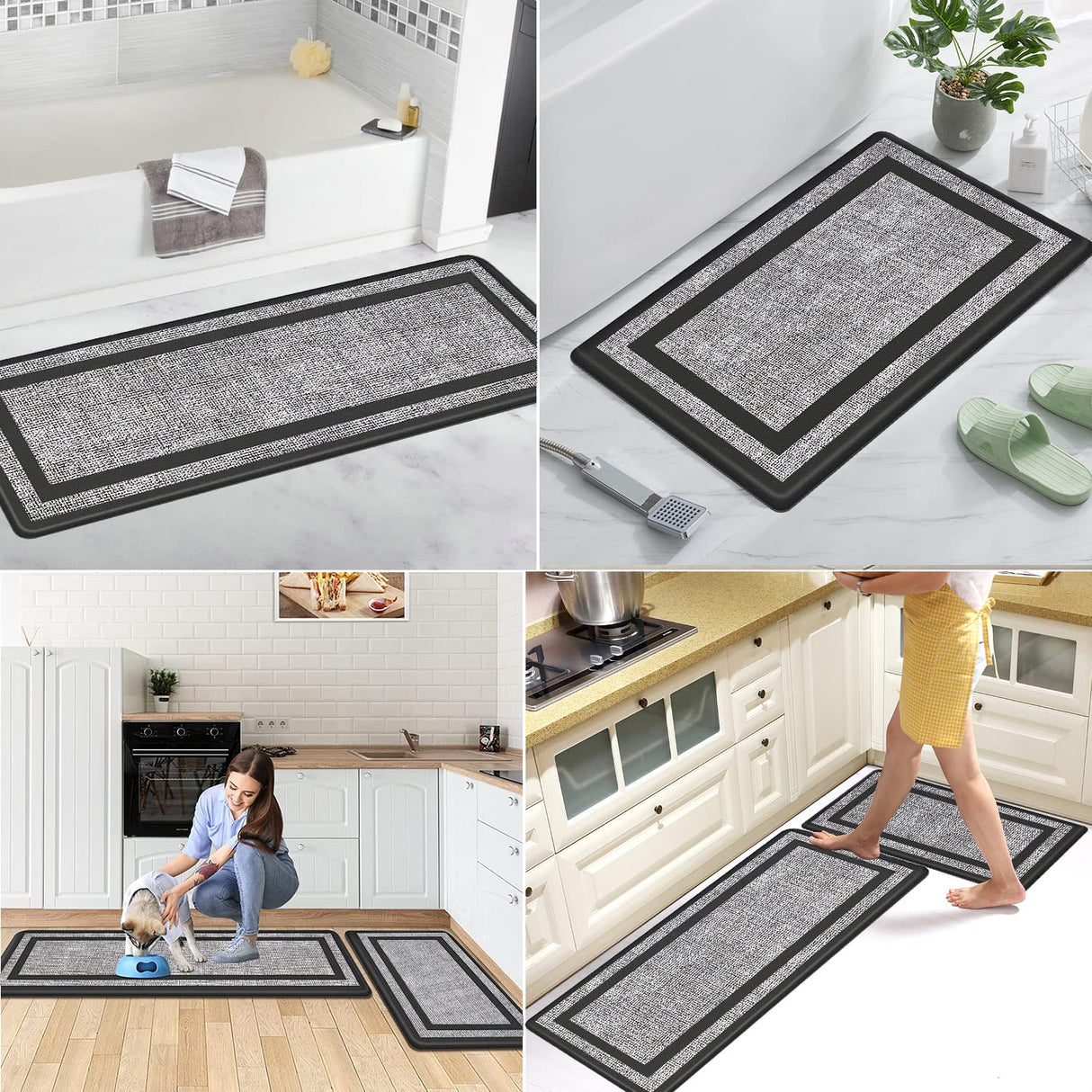 2PCS Non Slip Kitchen Floor Mats,Kitchen Sink Absorbent Rugs and Mats,Thick Waterproof Ergonomic Comfort Standing Mat/Runner for Home,Kitchen,Office,Sink,Laundry,Black/Gray