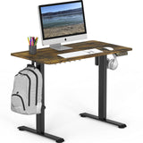 Small Electric Height Adjustable Sit Stand Desk with Hanging Hooks and Cable Management, 40 x 22 Inches, Black Frame and Rustic Brown Top