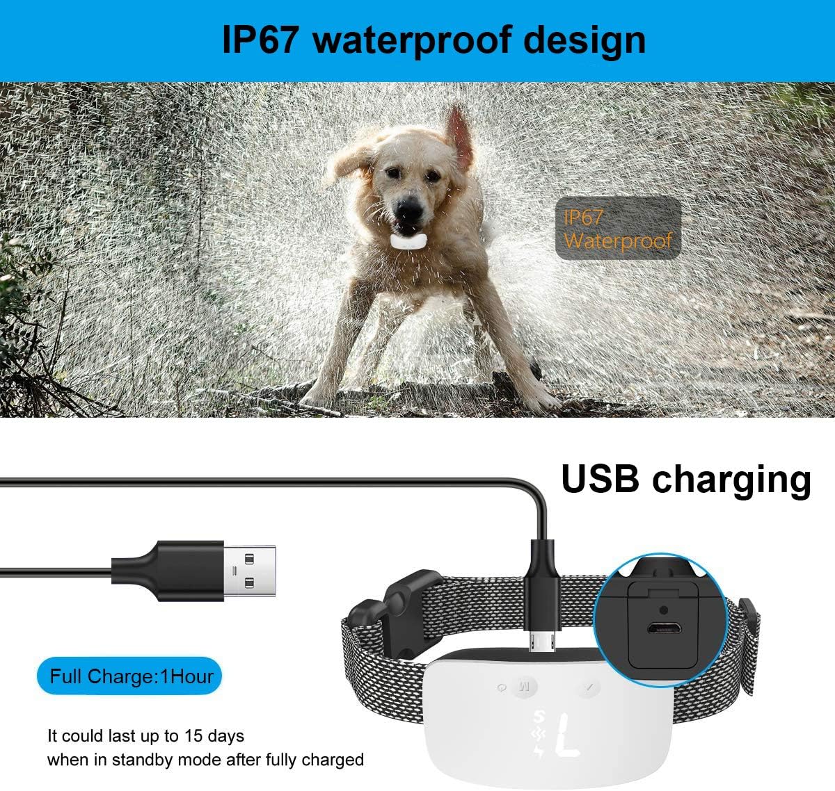 Dog bark Collar Non Shock,ultrasonic Vibration bark Control, Dog Behaviour and Training Collar, USB Rechargeable Train Collar, Humane and Pain Free, for Small Medium Large Dogs (White)