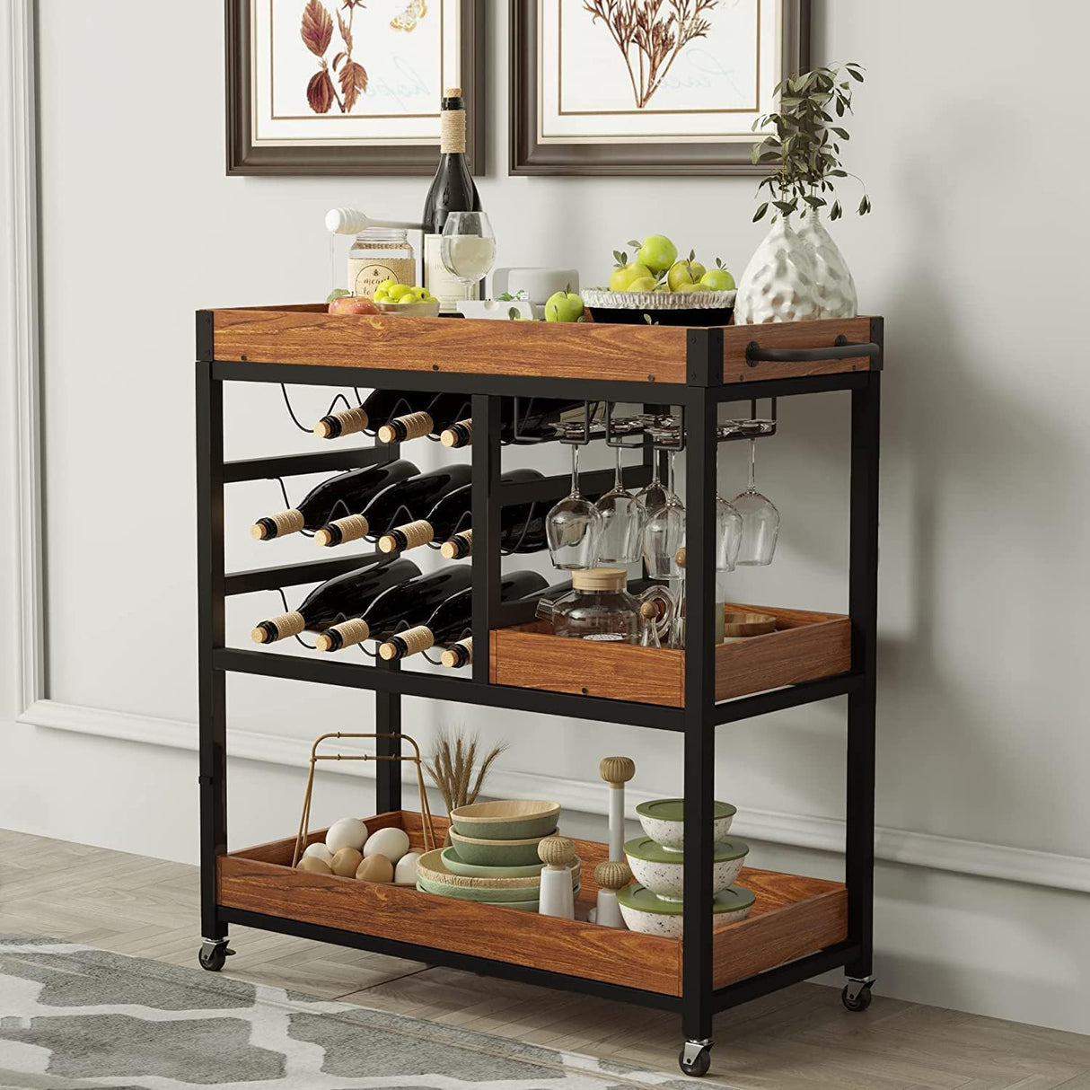 Bar Carts for Home, Bar Serving Cart with 12 Bottle Wine Rack and Wine Glasses Holder, Rustic Rolling Bar Cart with Removable Shelves for Home